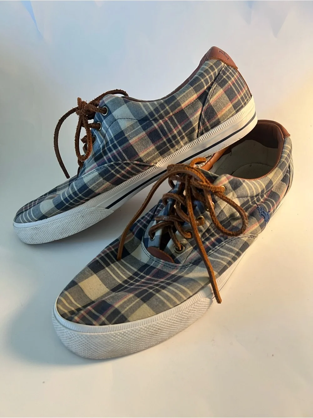 Polo Ralph Lauren Plaid Canvas Low-Top Sneakers in Blue and Brown Size 13